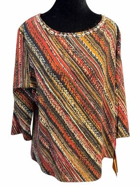 Women's Ruby Rd. Long Sleeve Tee XL Red Brown Striped